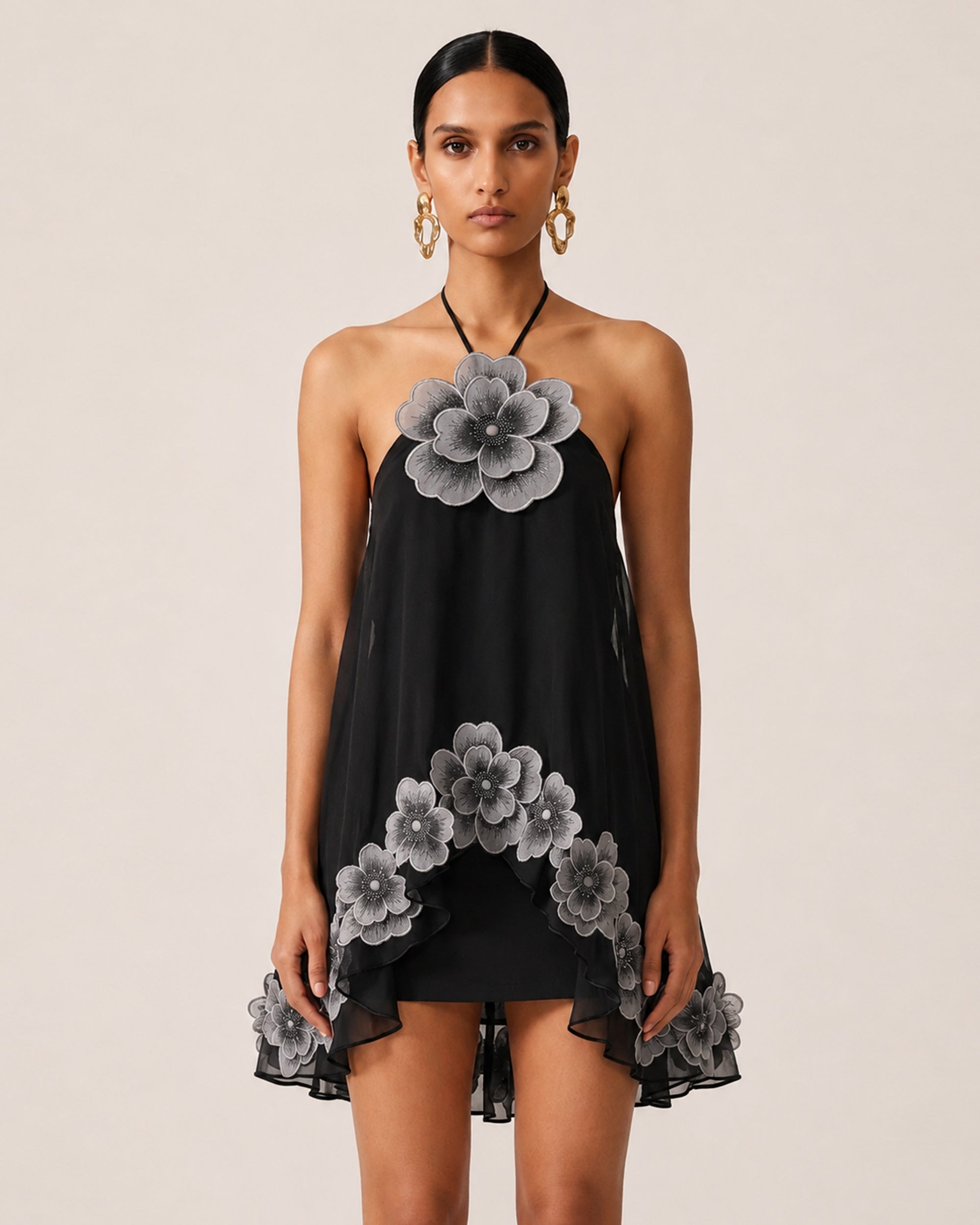 Floral Embroidered High-Low Halter Top - Black