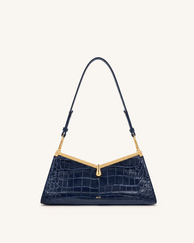 Nerina V-Frame Shoulder Bag - Dark Blue Croc
