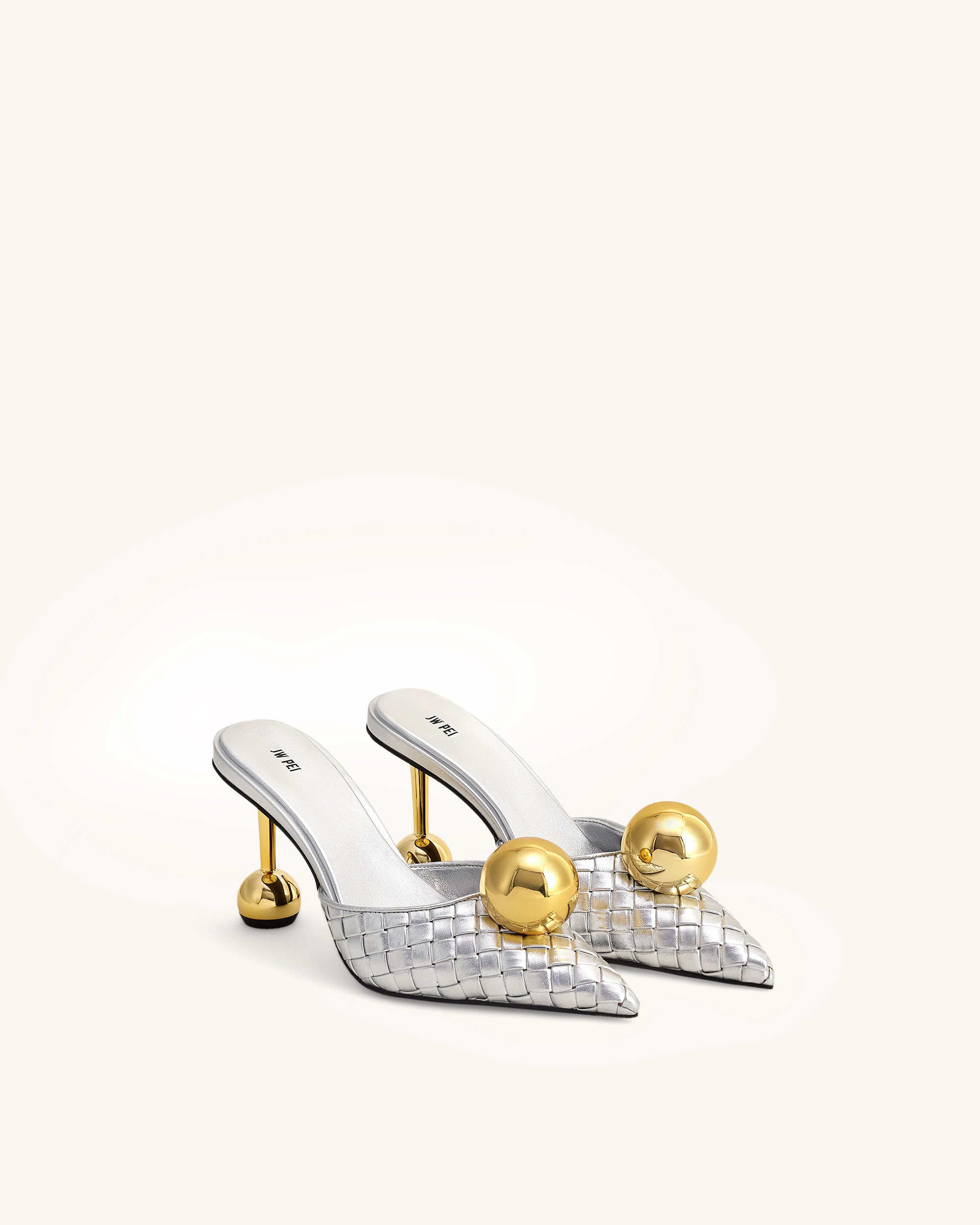 Sofia Woven Sphere Heel Mules - Silver & Gold