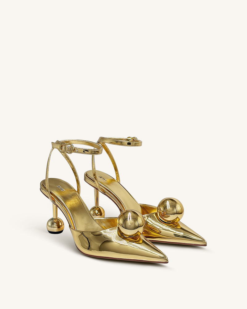 Sofia Ankle Strap Sphere Heel Pumps - Gold
