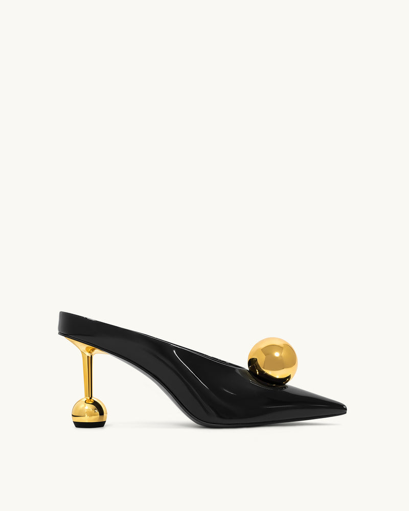 Sofia Angled Vamp Heel Mules - Black & Gold