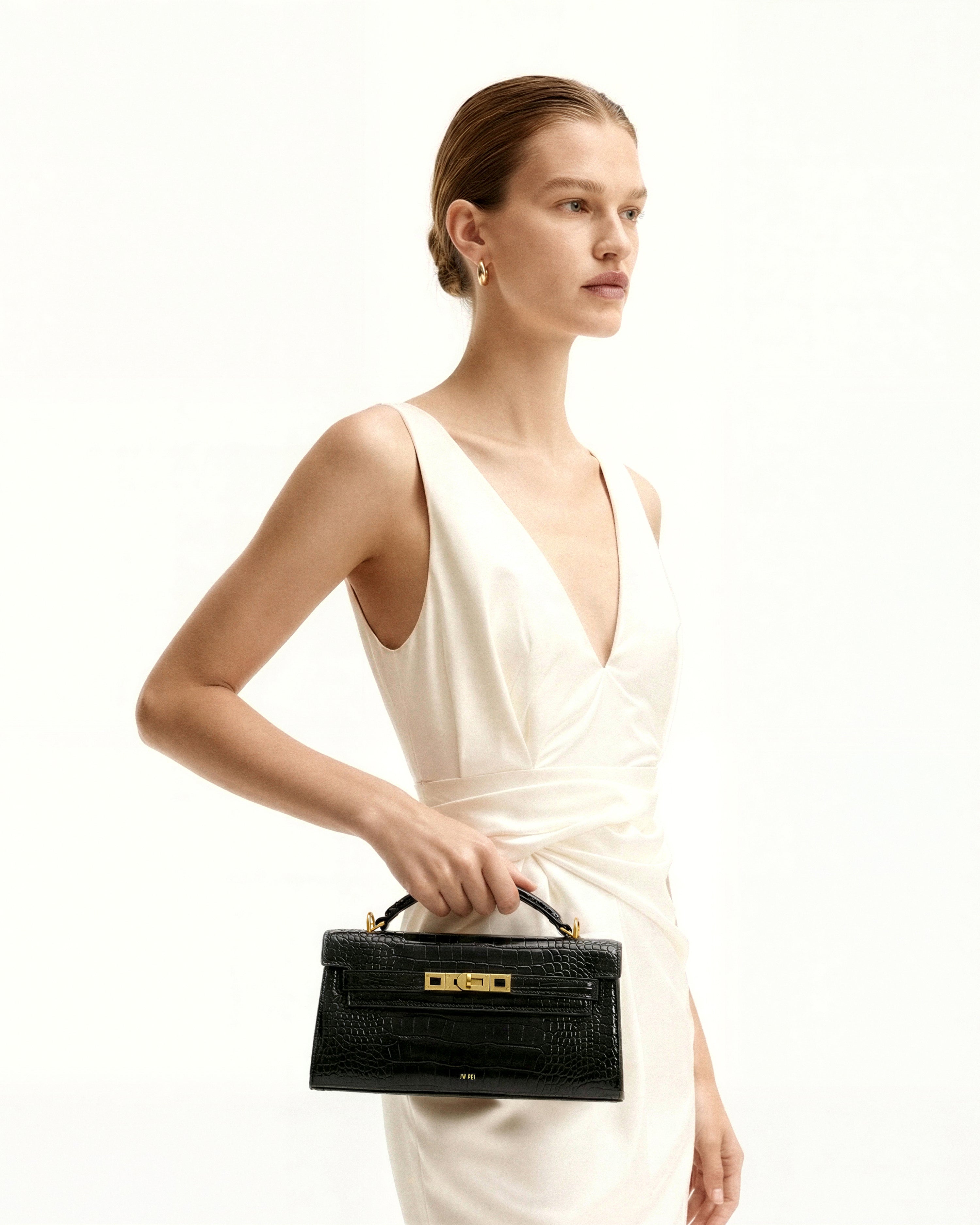 Noor Top Handle Bag - Black Croc | JW PEI