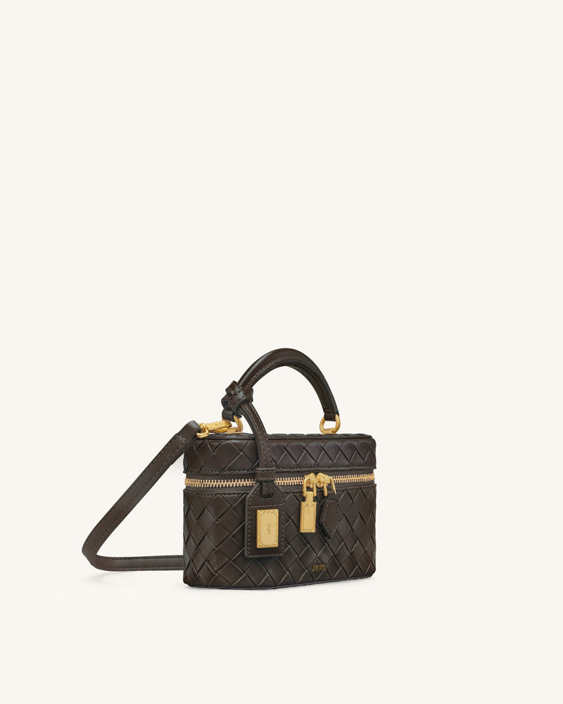 Cleo Woven Texture Box Shape Top Handle Bag - Dark Brown