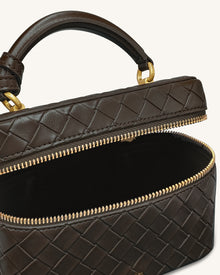 Cleo Woven Texture Box Shape Top Handle Bag - Dark Brown
