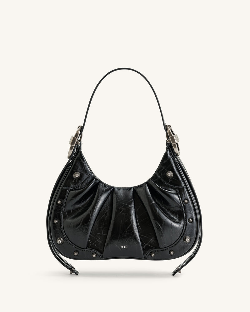 Gabbi Crushed Ruched Hobo Handbag - Black