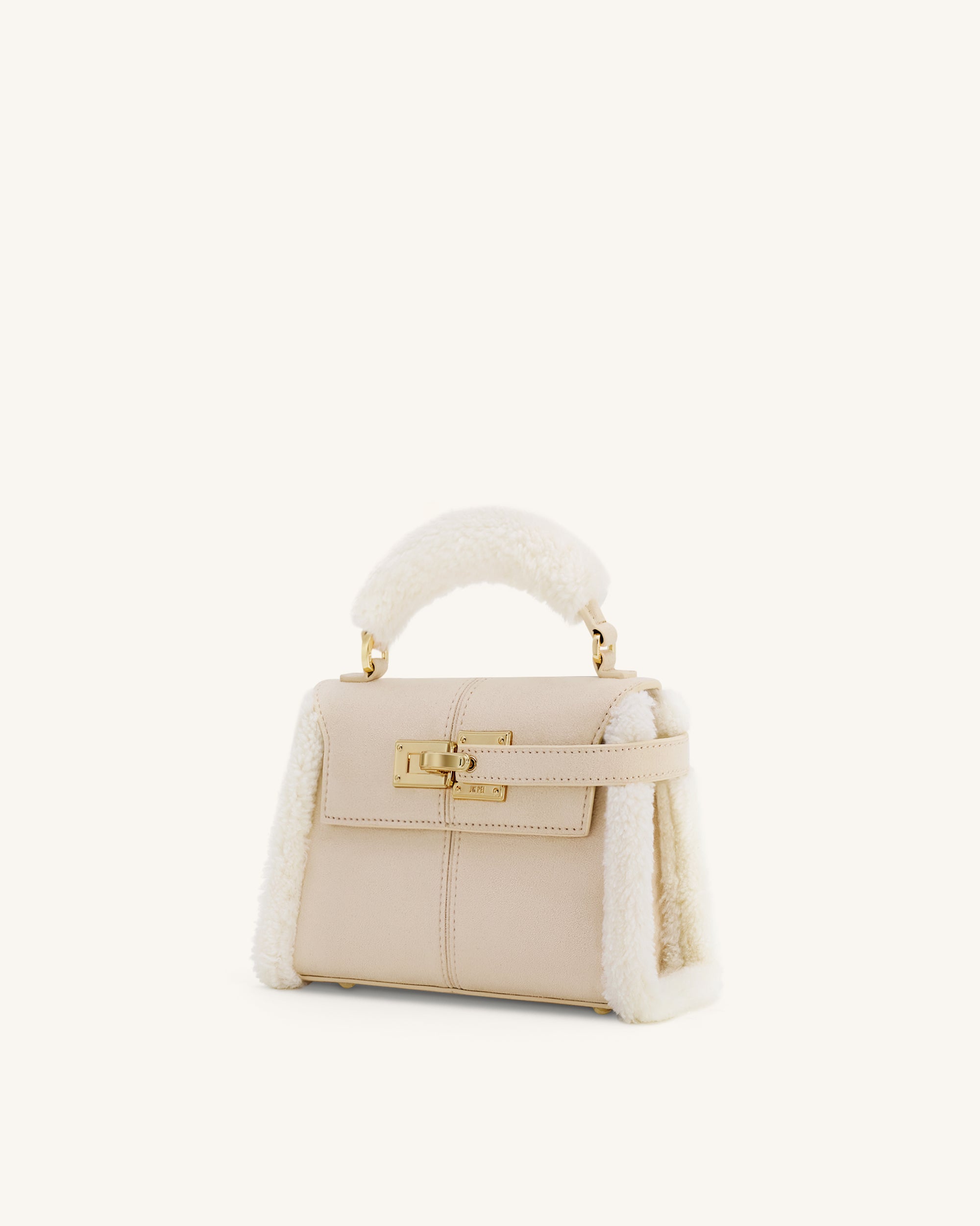 Elise Faux Suede Shearling Trim Top Handle Bag - Taupe | JW PEI
