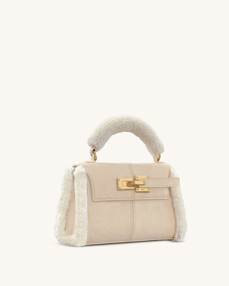 Elise Faux Suede Shearling Trim Top Handle Bag - Taupe