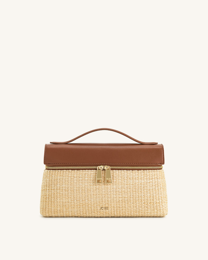 Thea Faux Straw Top Handle Bag - Brown Straw
