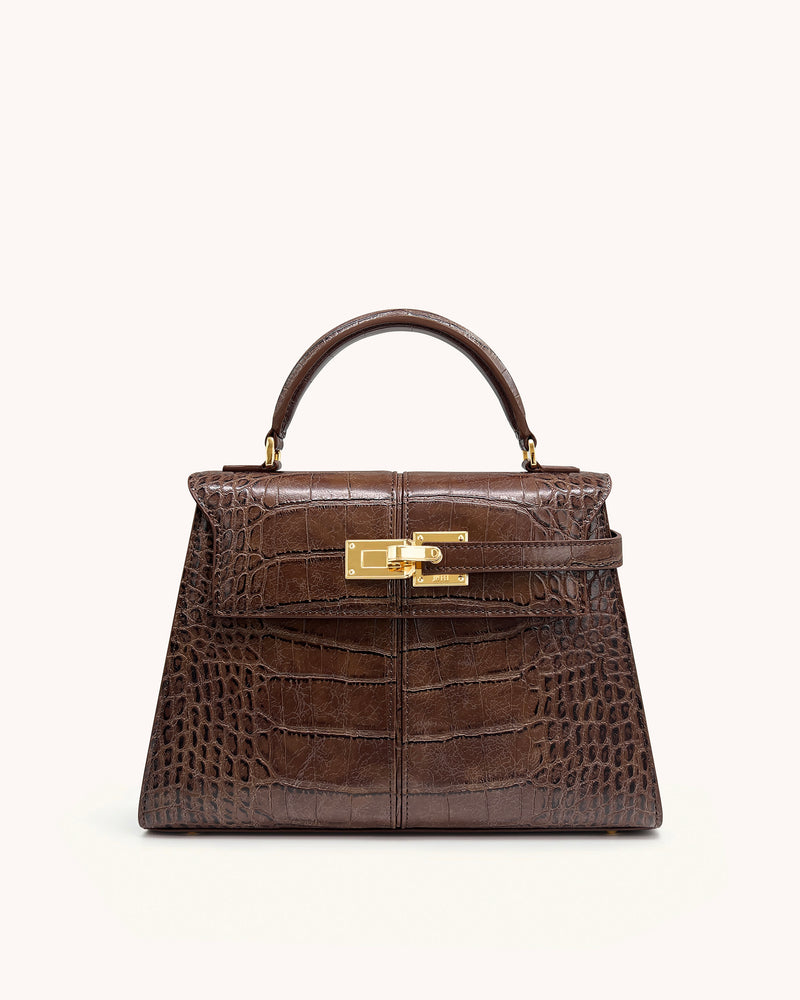 Elise Large Croc-Embossed Top Handle Bag - Chestnut Brown