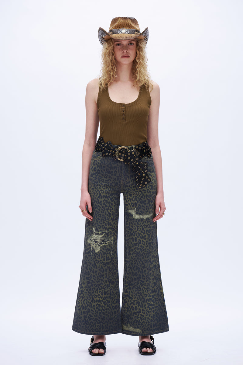 Leopard Print Wide-Leg Jeans - Olive/Black