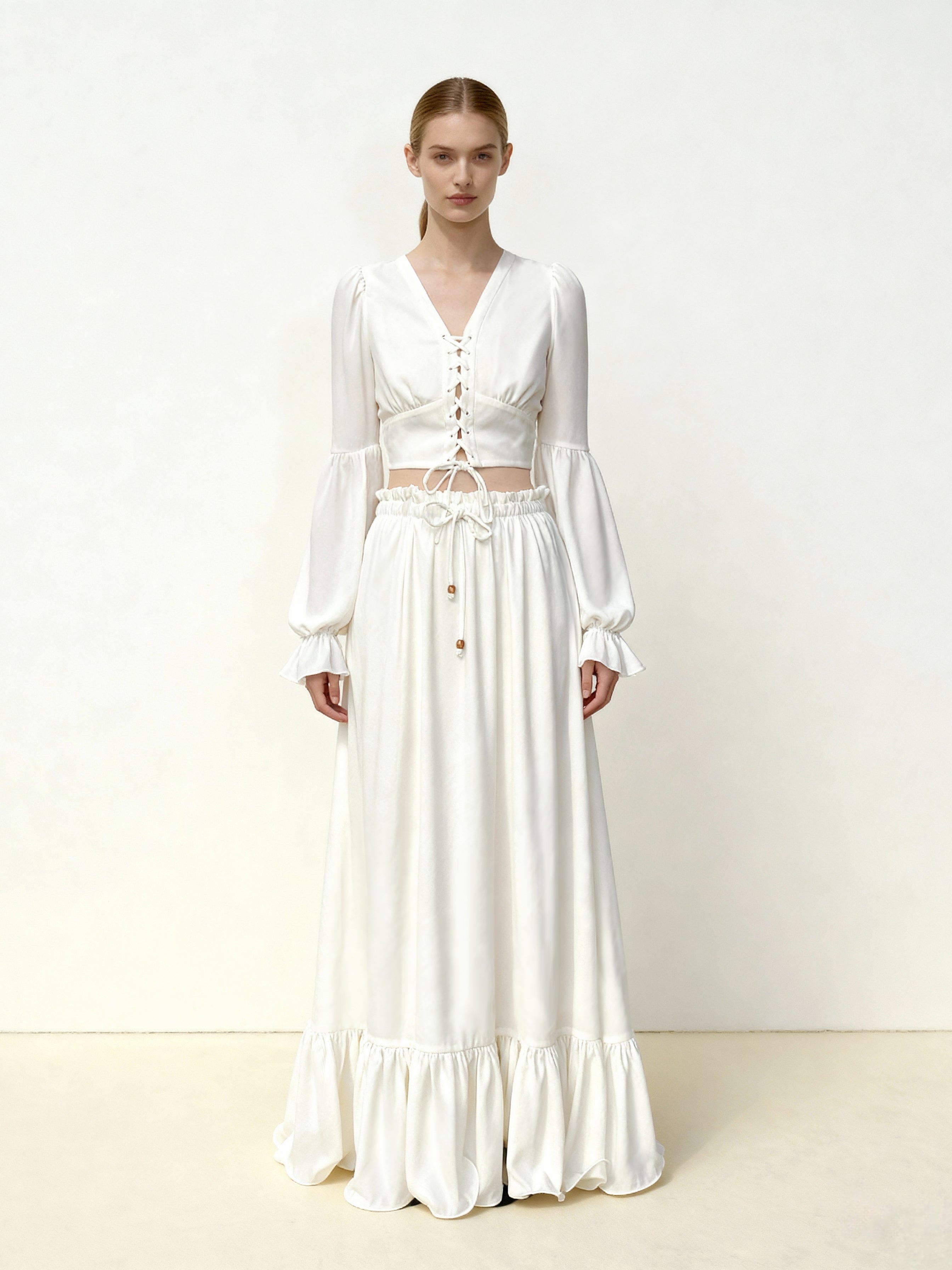 Chiffon Lantern-Sleeve Tie-Front Cropped Blouse - White | JW PEI