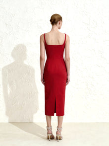 3D Floral Appliqué Square-Neck Sheath Midaxi Dress - Red