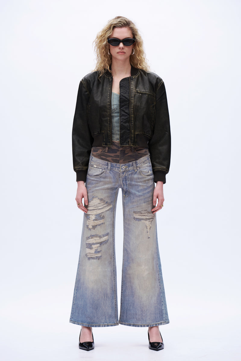 Ripped Wide-Leg Jeans with Camo Belt - Light Blue