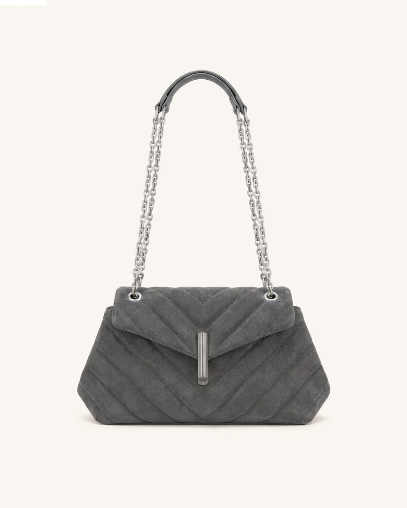Valerie Faux Suede Quilted Chain Flap Shoulder Bag - Charcoal Gray