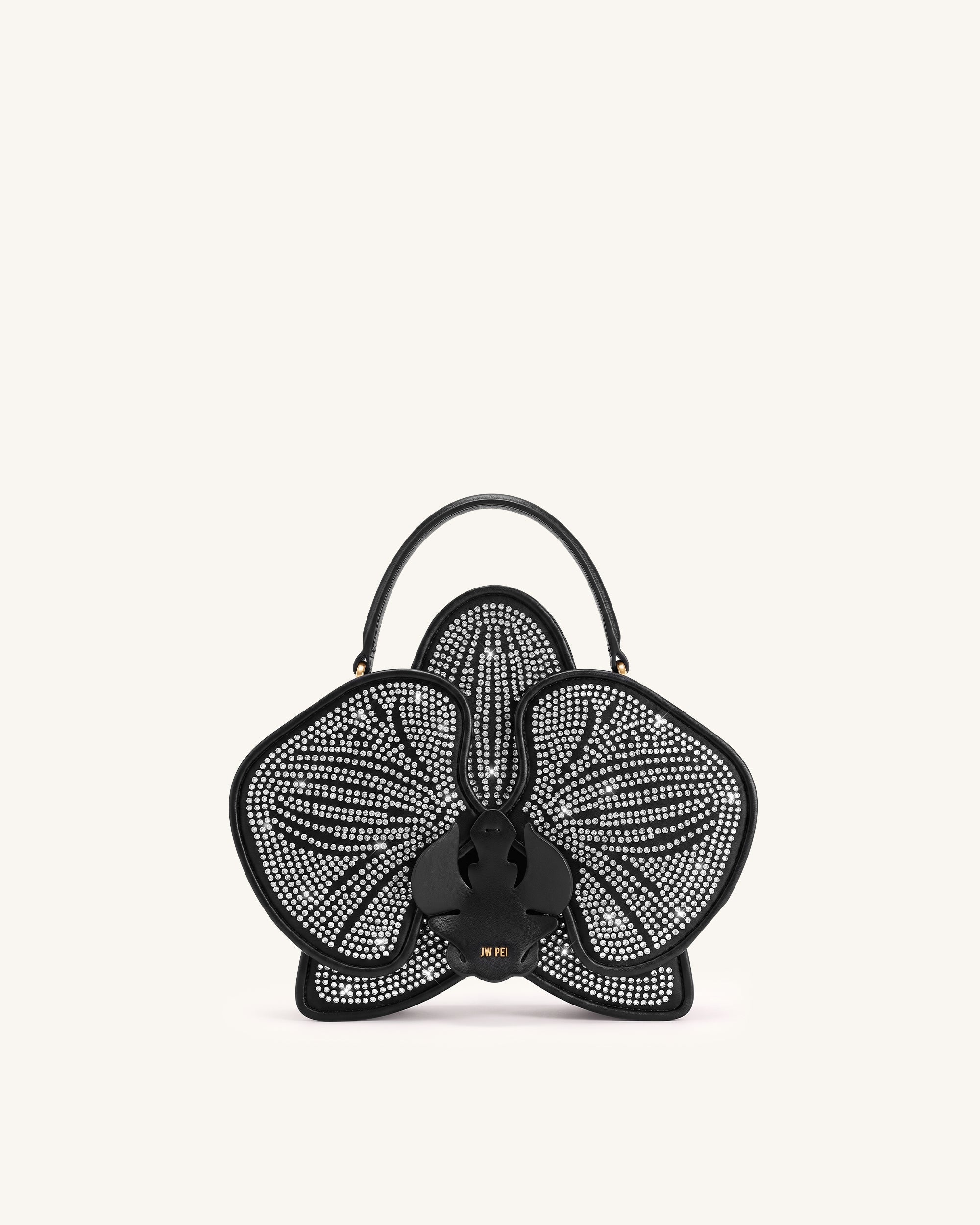 Flora Artificial Crystal Orchid ShapeD Top Handle Bag - Black