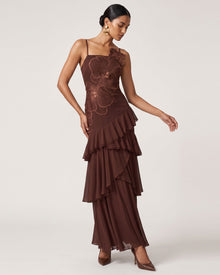Orchid Embroidered Ruffled One-Shoulder Maxi Dress - Dark Brown