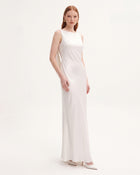 Tulip Appliqué Cowl-Back Satin Column Maxi Dress - Off-White
