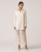 Satin Phalaenopsis Orchid Embroidery Long Shirt Dress - Ivory White