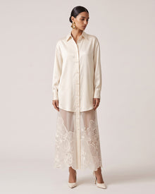 Satin Phalaenopsis Orchid Embroidery Long Shirt Dress - Ivory White