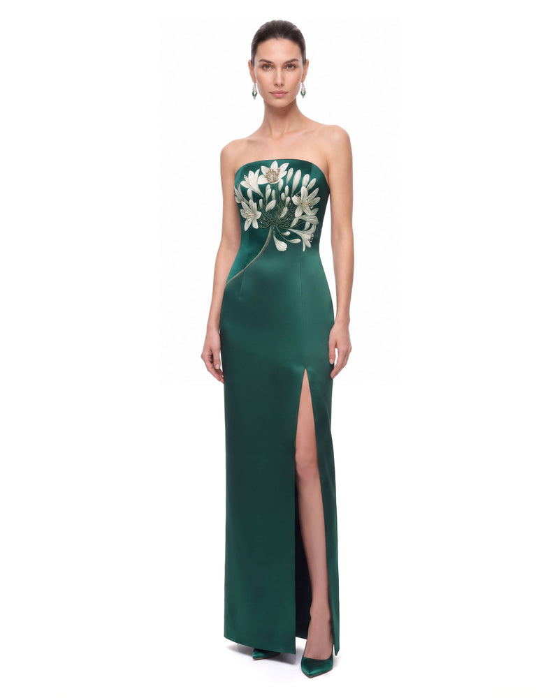 Floral Print Bead-Embellished Strapless Slit Maxi Dress - Emerald Green
