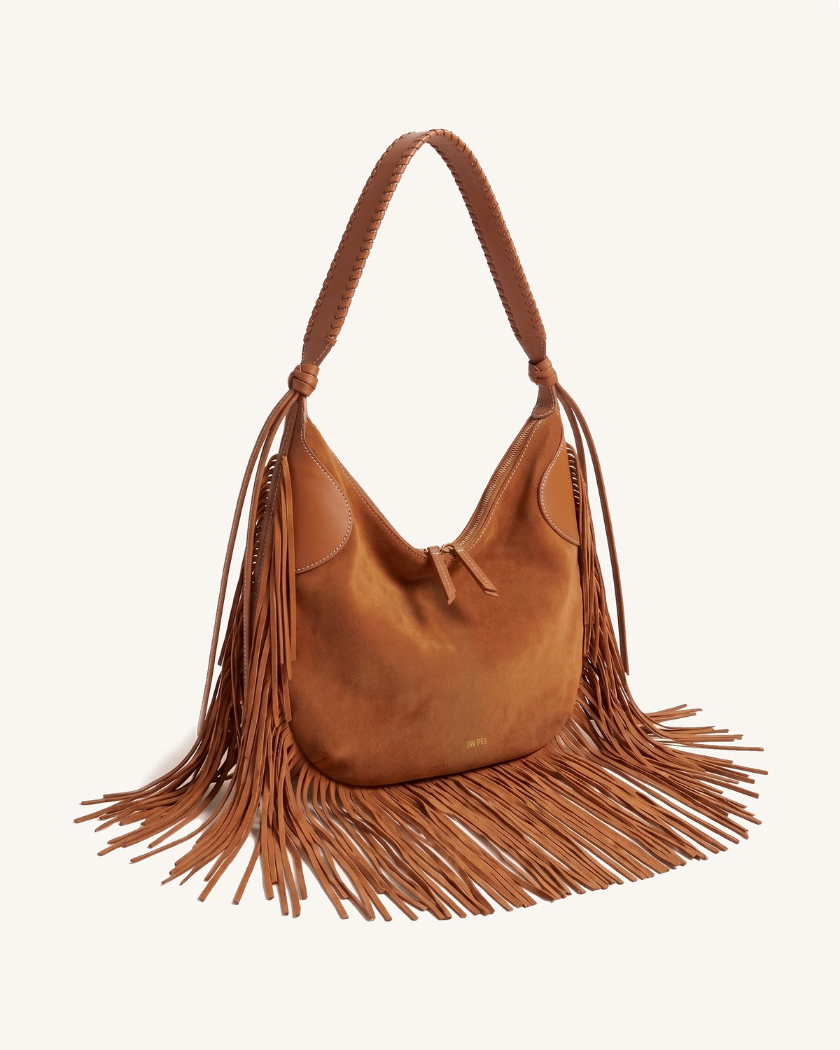 Paige Faux Suede Woven Tassel Hobo Shoulder Bag - Camel