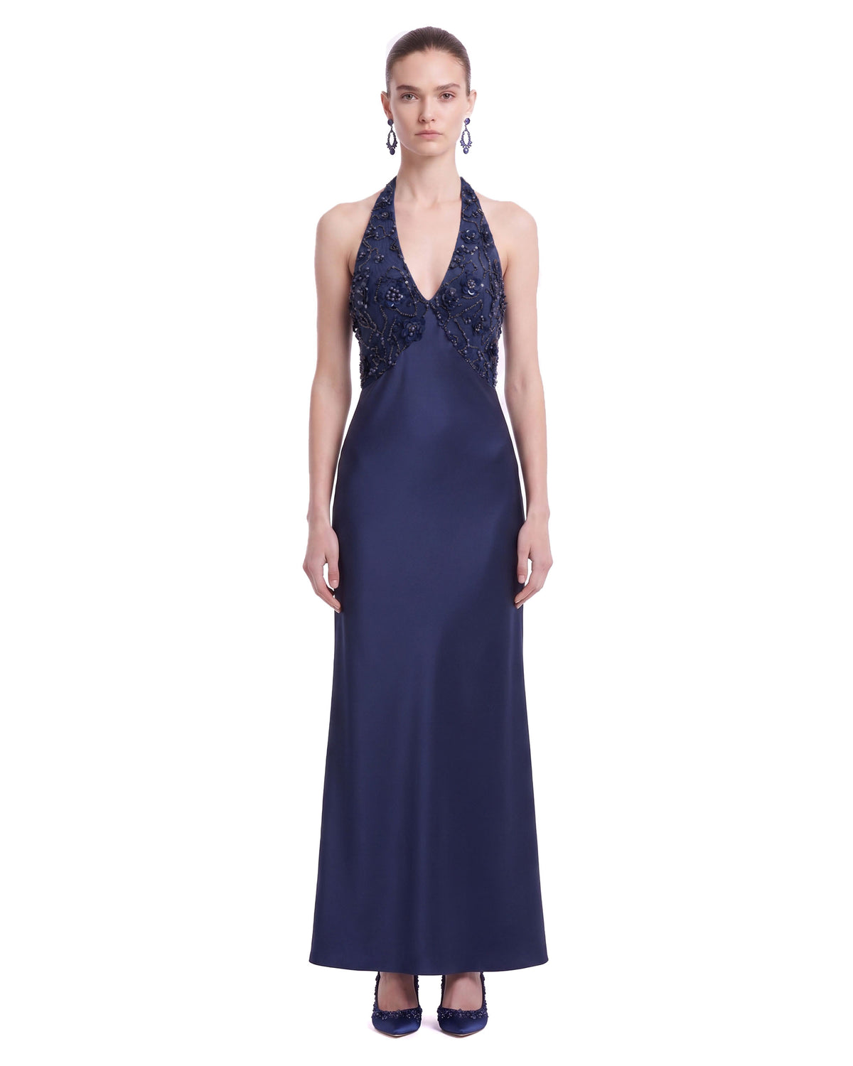 Floral Embellished Halter Satin Maxi Dress - Navy