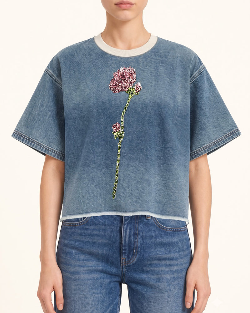 Contrast Rib Denim Cropped Rhinestone Rose Tee - Washed Blue