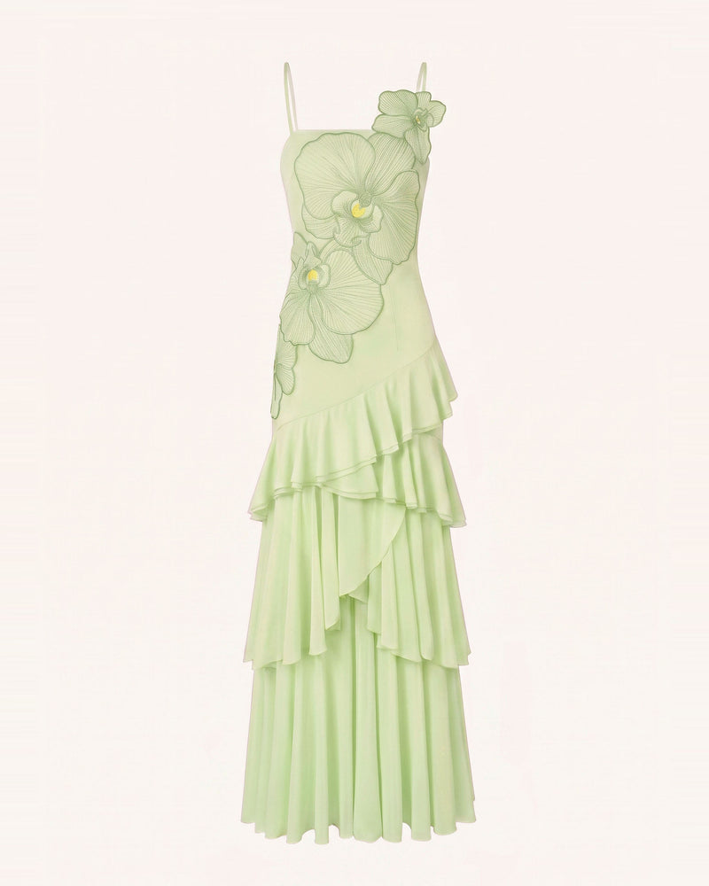 Orchid Embroidered Ruffled One-Shoulder Maxi Dress - Light Green