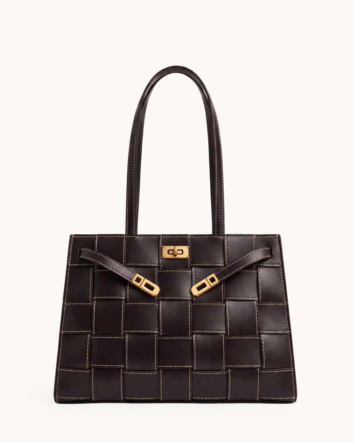 Nadine Woven Turnlock Tote Bag - Dark Brown