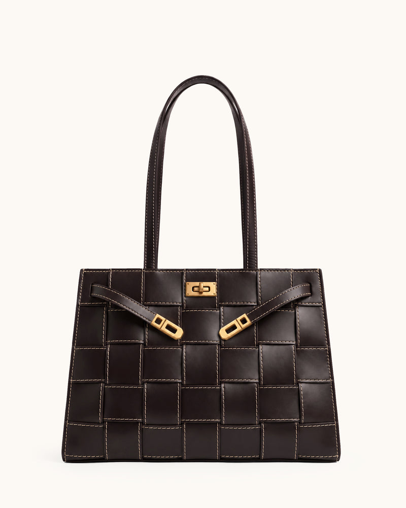 Nadine Woven Turnlock Tote Bag - Dark Brown
