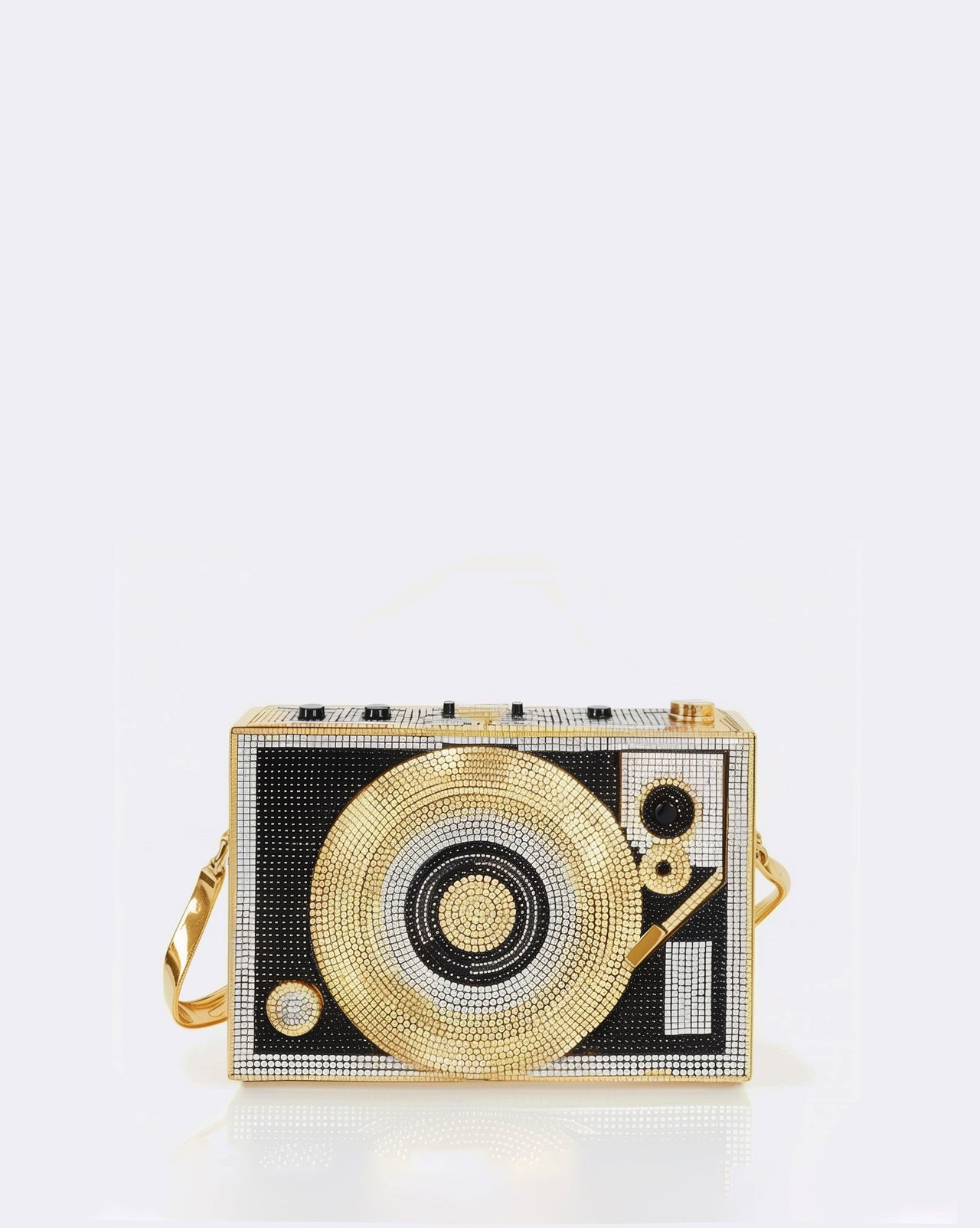 Record Player Shape Faux Crystal Clutch - Gold