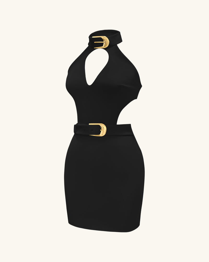 Gabriella Belted Cutout Halter Mini Dress - Black