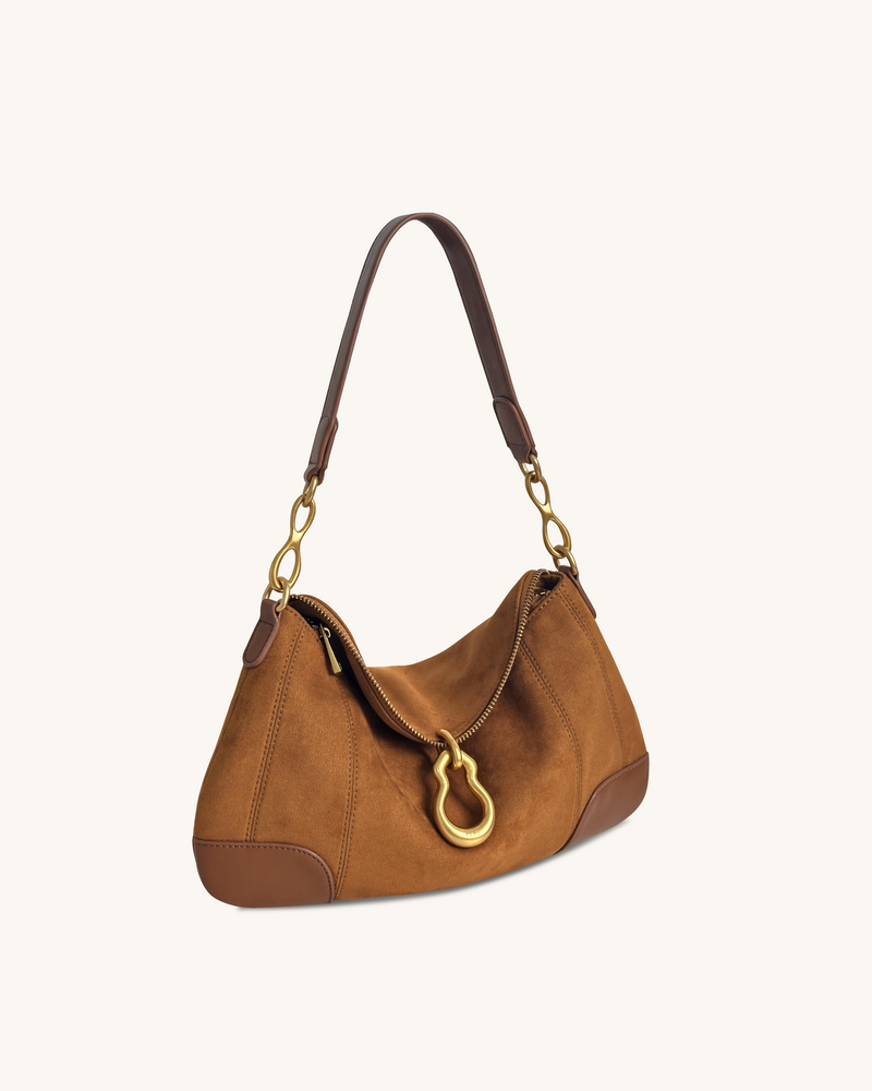 Jayla Faux Suede Metal Pendant Embellished Shoulder Bag - Brown