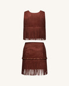 Western-Style Sueded Fringe Skirt - Burgundy