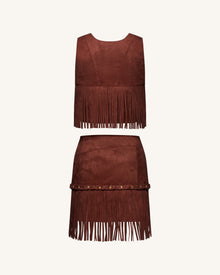 Western-Style Sueded Fringe Skirt - Burgundy