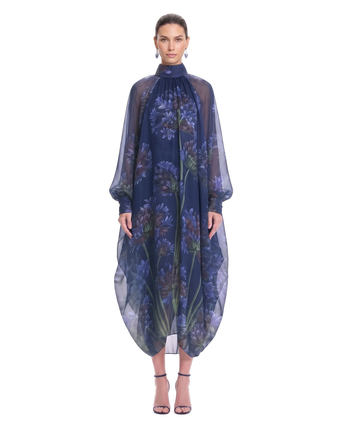 Floral Print Sheer Balloon-Sleeve Maxi Dress - Navy