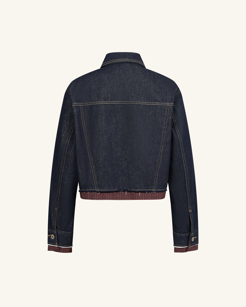 The Preppy Checkered Hem Frayed Jacket - Raw Denim