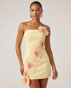 Orchid Embroidered Floral Appliqué Strapless Mini Dress - Light Yellow