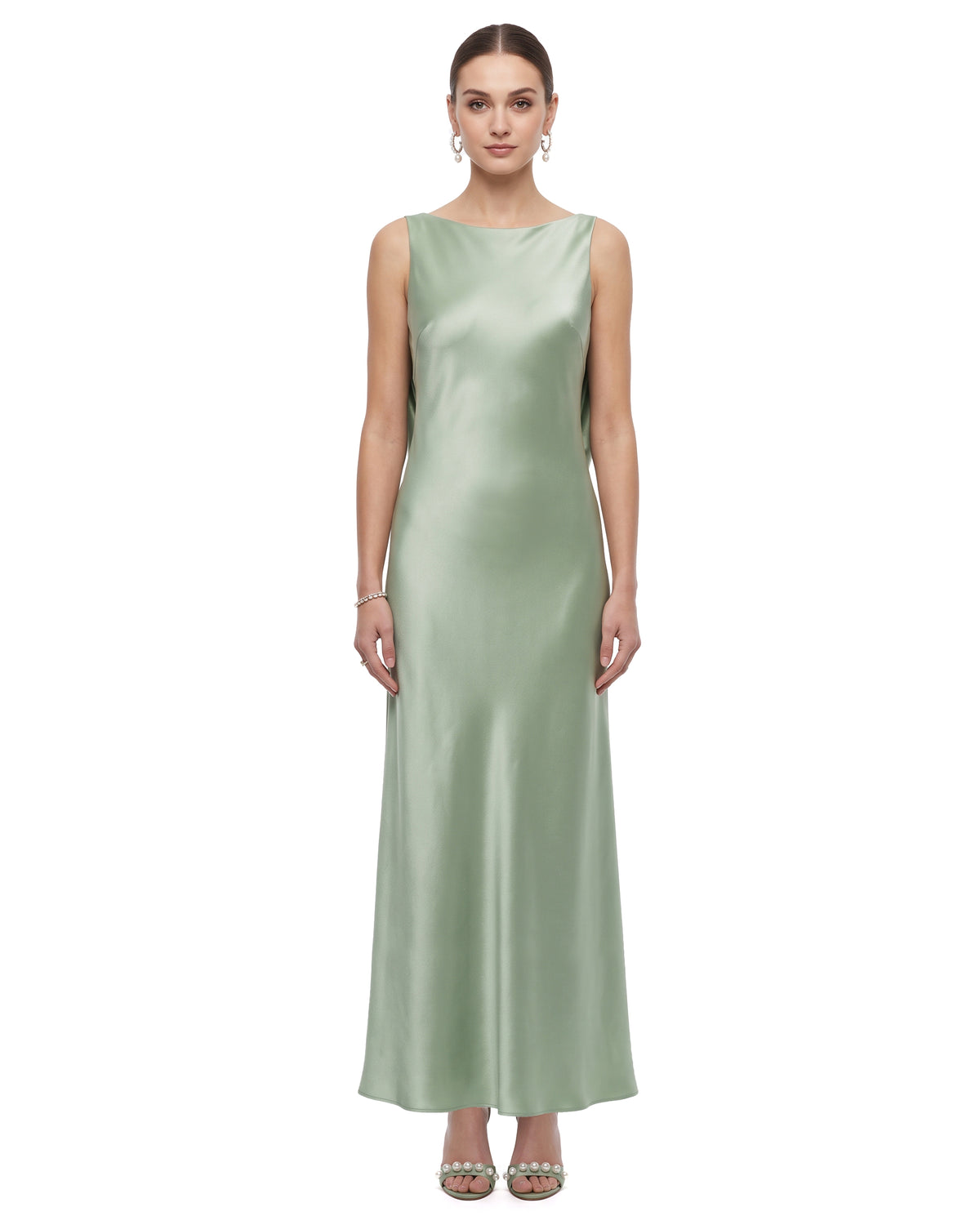 Calla Lily Embroidered Bow-Back Satin Maxi Dress - Sage Green