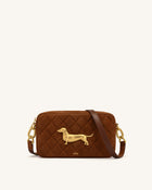 Riley Faux Suede Dachshund Quilted Shoulder Bag - Caramel Brown