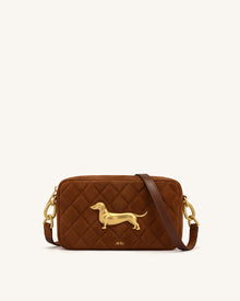 Riley Faux Suede Dachshund Quilted Shoulder Bag - Caramel Brown