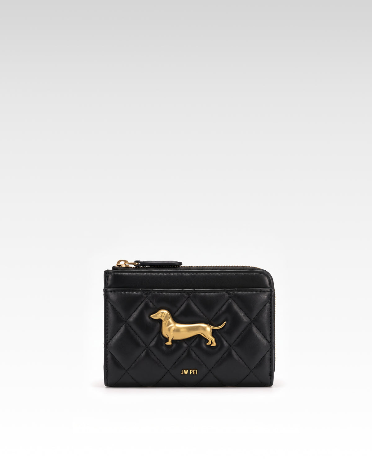 Maeve Quilted Dachshund Metal Emblem Zip Pocket Wallet - Black