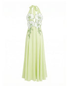 3D Floral Halter Cutout Satin Maxi Dress - Light Green