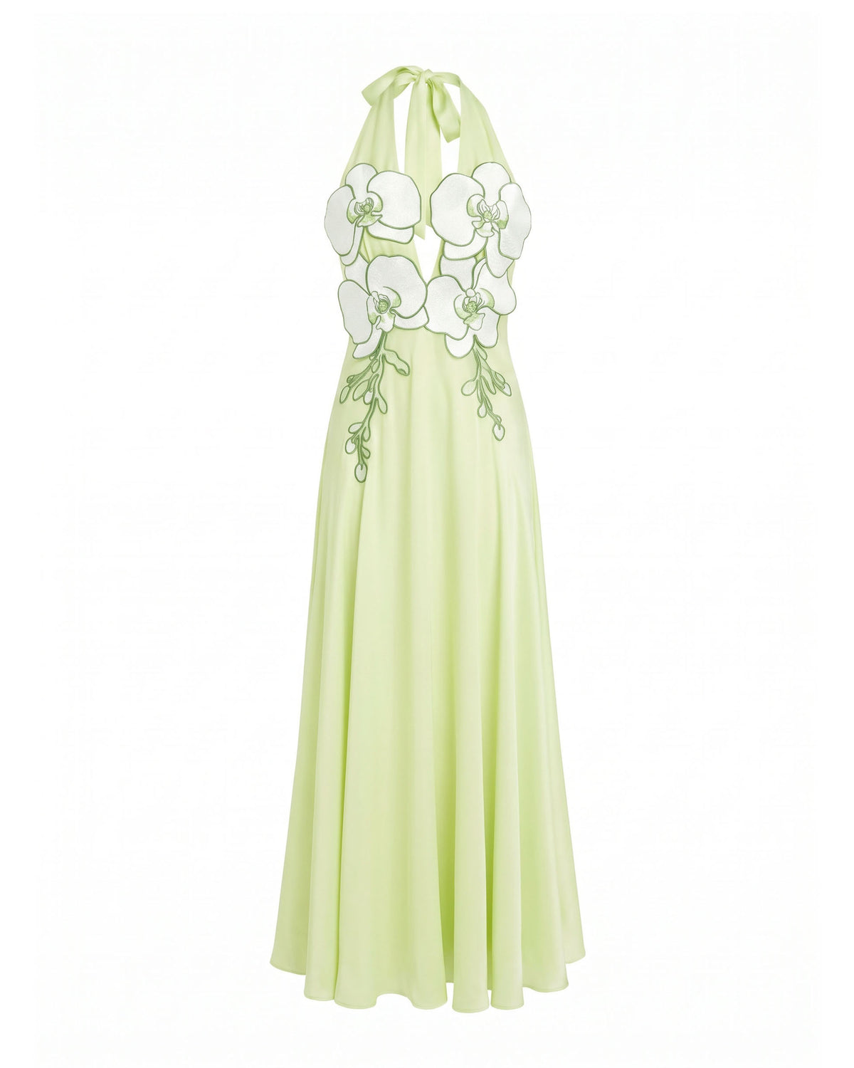 3D Floral Halter Cutout Satin Maxi Dress - Light Green