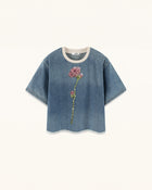 Contrast Rib Denim Cropped Rhinestone Rose Tee - Washed Blue