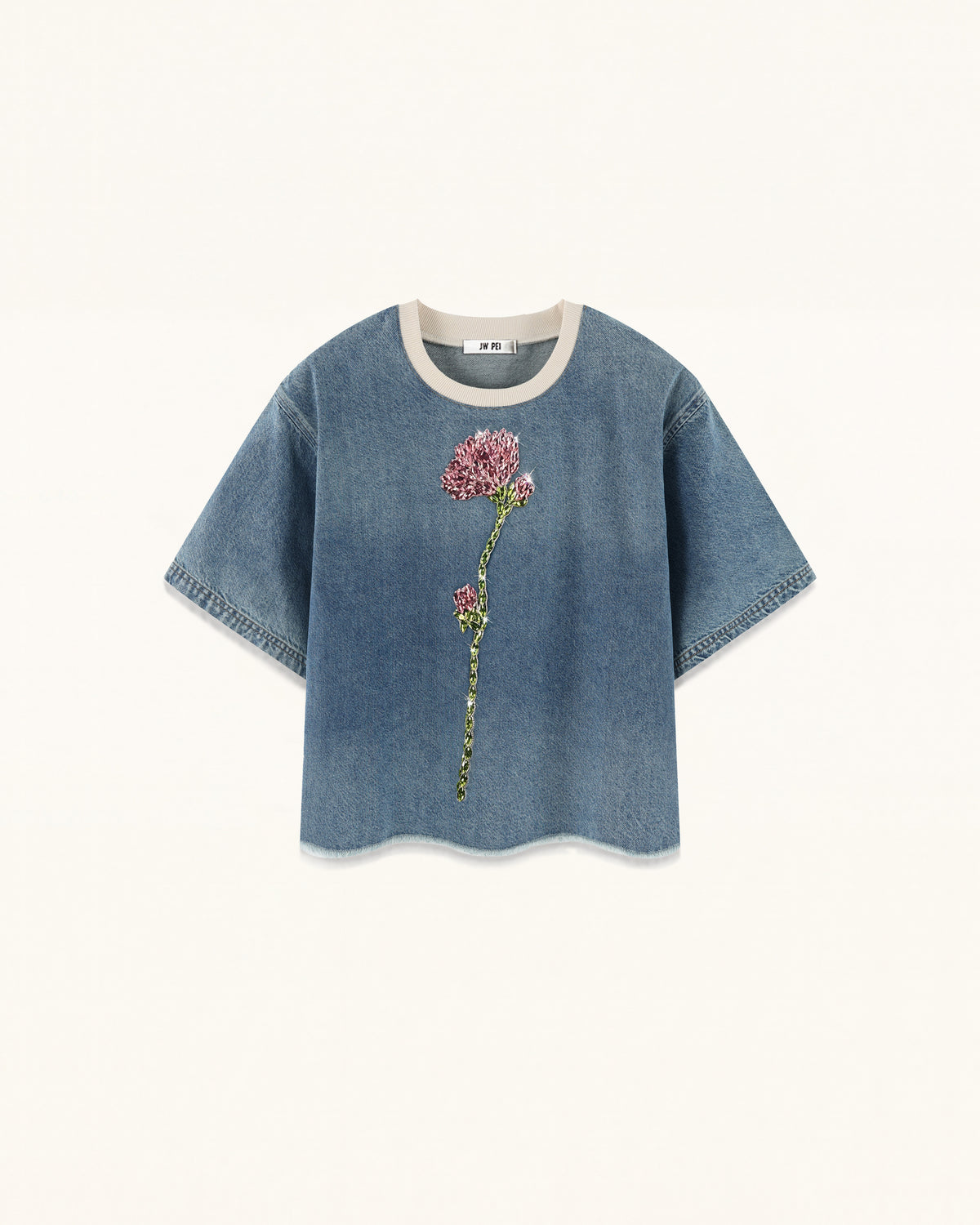 Contrast Rib Denim Cropped Rhinestone Rose Tee - Washed Blue