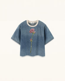 Contrast Rib Denim Cropped Rhinestone Rose Tee - Washed Blue
