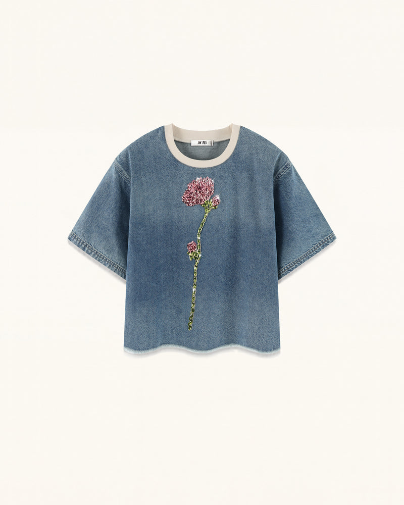 Contrast Rib Denim Cropped Rhinestone Rose Tee - Washed Blue