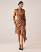 Orchid Embellished Asymmetric High-Low Satin Wrap Dress - Brown