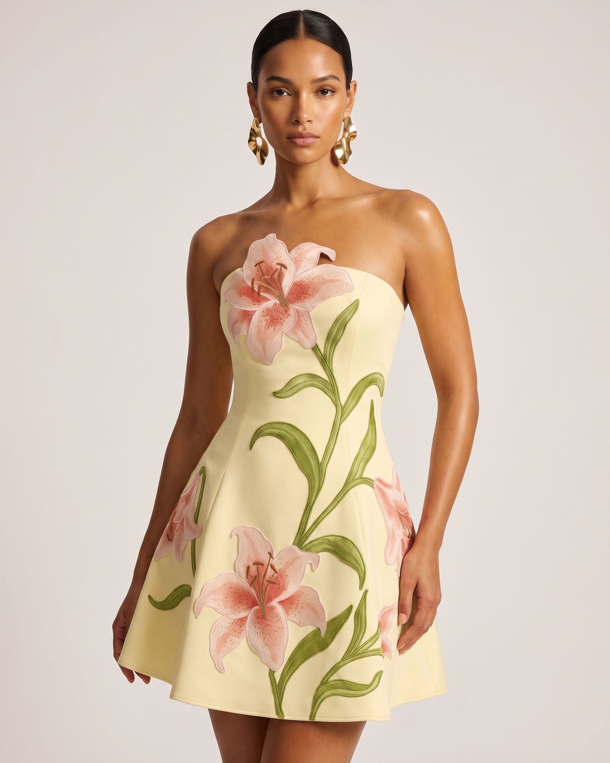 Lily Floral Print Strapless A-Line Mini Dress - Light Yellow
